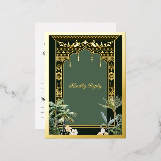 エメラルドエレガントグリーンインディアンウェディングRSVPポストカード 箔シーズンポストカード (正面/裏面)