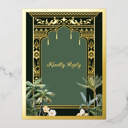 エメラルドエレガントグリーンインディアンウェディングRSVPポストカード 箔シーズンポストカード (正面)