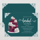 エメラルドエレガントグリーンケーキ&レースブライダルシャワー 招待状 (正面/裏面)