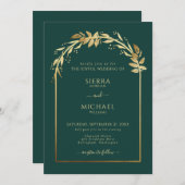 エメラルドエレガントグリーンゴールデン結婚リーフのアーチ 招待状 (正面/裏面)