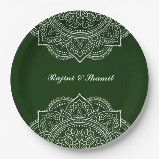 エメラルドエレガントグリーンマンダラインディアンヒンドゥー結婚ズ ペーパープレート (正面)