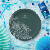 エメラルドエレガントグリーンモノグラムフローラ ペーパープレート (パーティー)