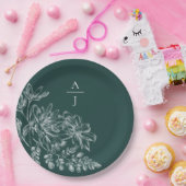 エメラルドエレガントグリーンモノグラムフローラ ペーパープレート (パーティー)