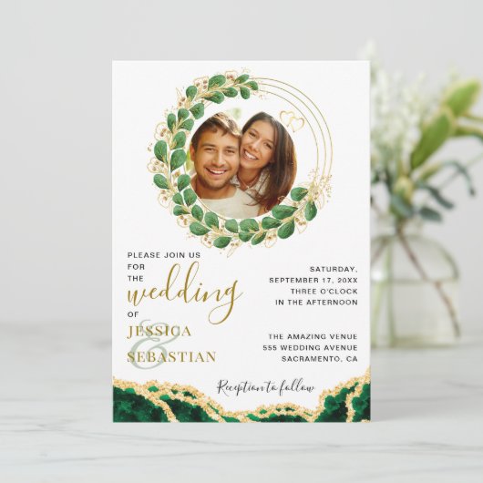 エメラルドエレガントグリーンユーカリプトゥスアガ結婚イト 招待状 (スタンド正面)