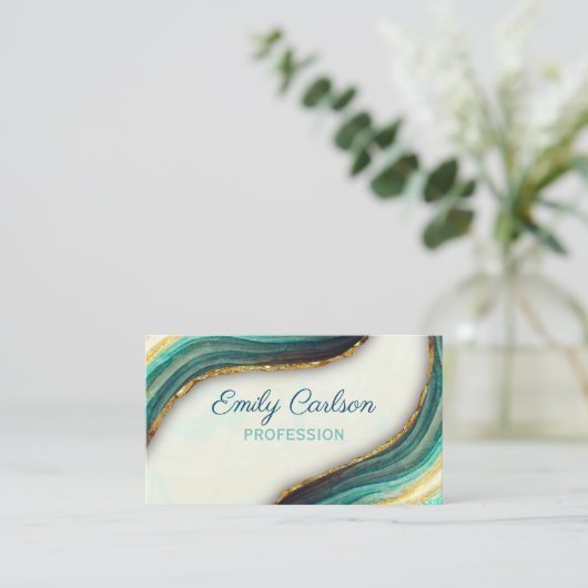 エメラルドエレガントグリーン大理石アートフェイク金ゴールドグリッター 予約カード (スタンド正面)