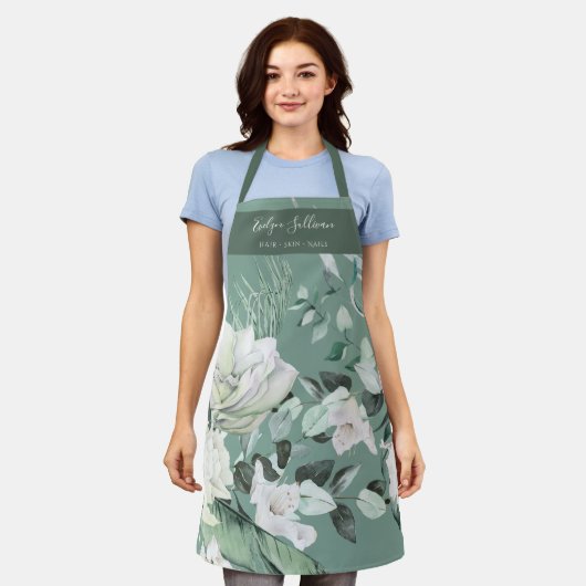 エメラルドエレガントグリーン美しいプロフェッショナル エプロン (着用した状態)
