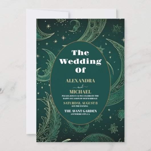 エメラルドエレガントグリーン金ゴールドシレ結婚ンツ 招待状 (正面)