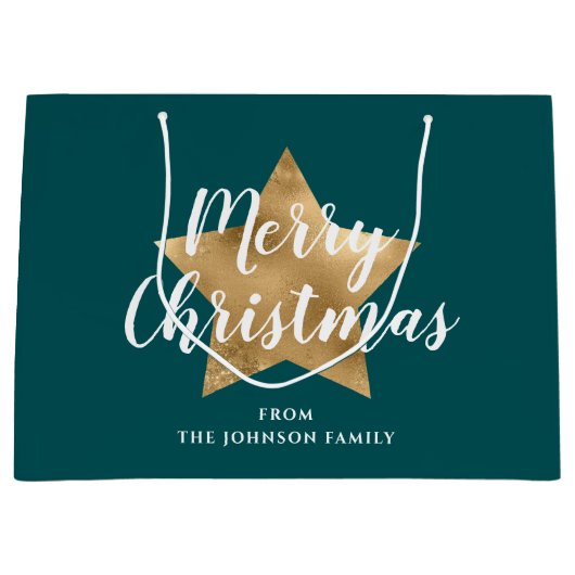 エメラルドエレガントグリーン金ゴールドスタークリスマス ラージペーパーバッグ (正面)
