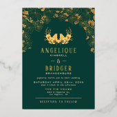 エメラルドエレガントグリーン金ゴールドバードフローラ結婚ズ 箔招待状 (正面)