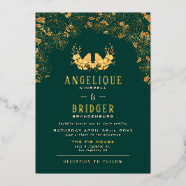 エメラルドエレガントグリーン金ゴールドバードフローラ結婚ズ 箔招待状