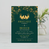 エメラルドエレガントグリーン金ゴールドバードフローラ結婚ズ 箔招待状 (立ち正面)