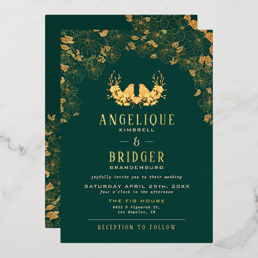 エメラルドエレガントグリーン金ゴールドバードフローラ結婚ズ 箔招待状 (正面/裏面)