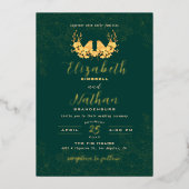 エメラルドエレガントグリーン金ゴールドバードフローラ結婚ズ 箔招待状 (正面)