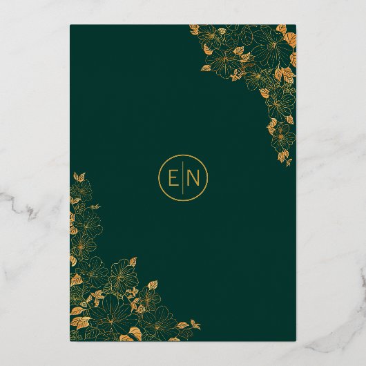 エメラルドエレガントグリーン金ゴールドバードフローラ結婚ズ 箔招待状 (裏面)