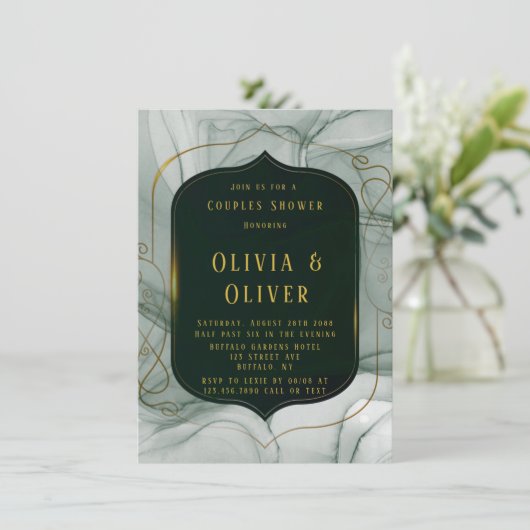 エメラルドエレガントグリーン金ゴールドフレームカップルシャワー 招待状 (スタンド正面)