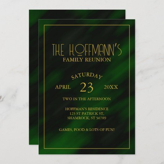 エメラルドエレガントグリーン金ゴールドフレームファミリー懇親会 招待状 (正面/裏面)