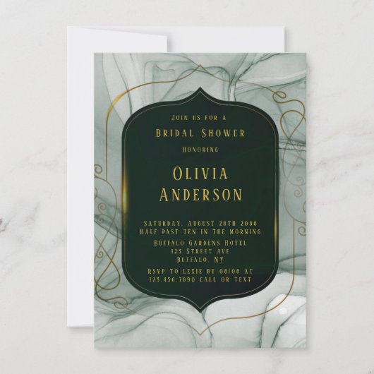 エメラルドエレガントグリーン金ゴールドフレームブライダルシャワー 招待状 (正面)