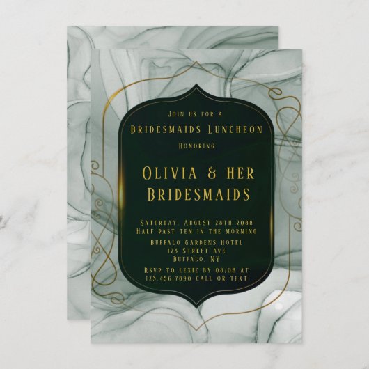 エメラルドエレガントグリーン金ゴールドフレームブルーデスメイドランチ 招待状 (正面/裏面)