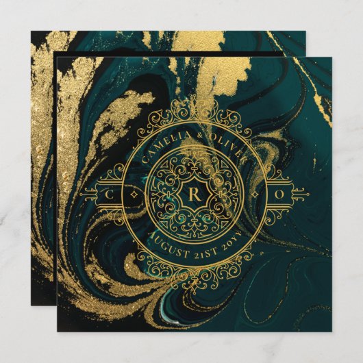 エメラルドエレガントグリーン金ゴールドヴィンテ華美ージウェディング 招待状 (正面/裏面)
