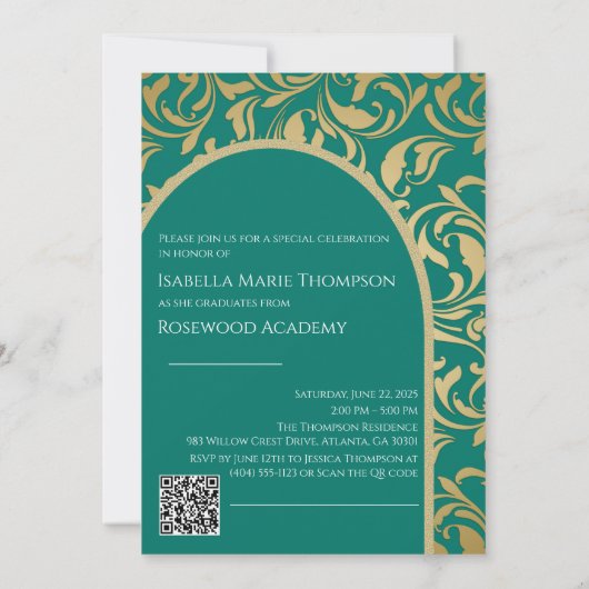 エメラルドエレガントグリーン&金ゴールドアーチ写真卒業 招待状 (裏面)