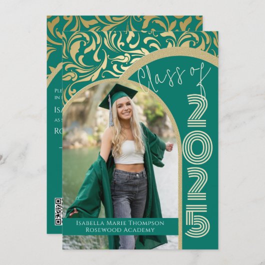 エメラルドエレガントグリーン&金ゴールドアーチ写真卒業 招待状 (正面/裏面)