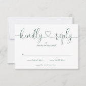エメラルドエレガントホワイトスクリプトハート親切に返信 出欠カード (正面)