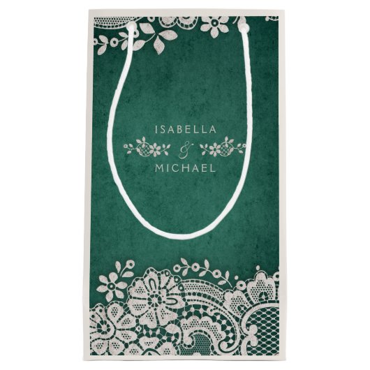 エメラルドエレガントヴィンテージレース素朴結婚式の引き出物 スモールペーパーバッグ (正面)