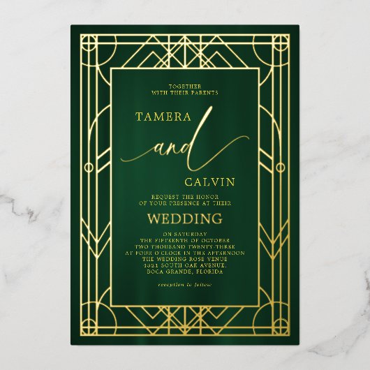 エメラルドエレガント金ゴールド装飾フレ結婚ーム 箔招待状 (正面)