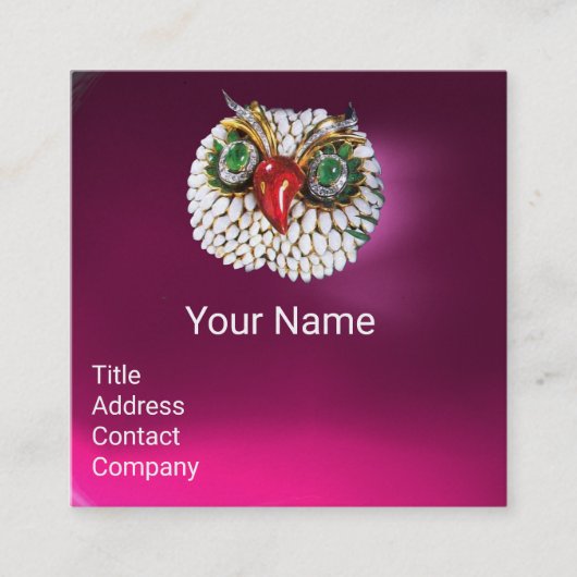 エメラルドオパールジュエルフクロウピンク明るい赤紫色 スクエア名刺 (正面)