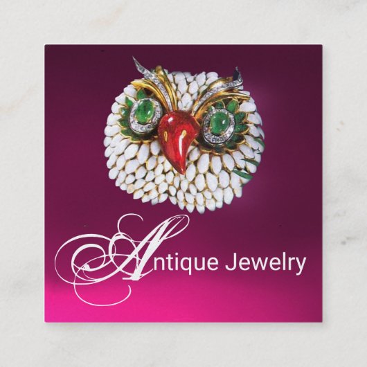 エメラルドオパールジュエルフクロウピンク明るい赤紫色 スクエア名刺 (裏面)