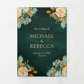 エメラルドクリームフローラ金ゴールドQRコードフォト結婚ズ 三つ折り招待状 (カバー)