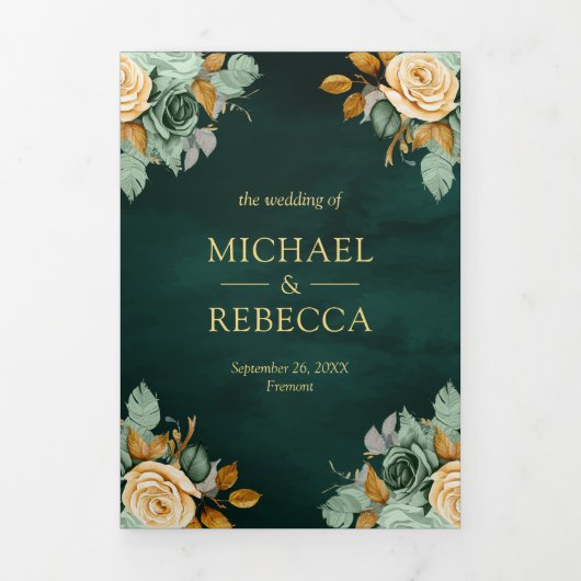 エメラルドクリームフローラ金ゴールドQRコードフォト結婚ズ 三つ折り招待状 (カバー)