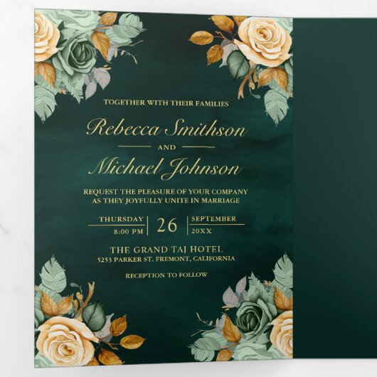 エメラルドクリームフローラ金ゴールドQRコードフォト結婚ズ 三つ折り招待状 (内部最初)