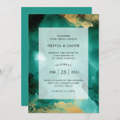 エメラルドグラマー | 水の色と金ゴールド結婚の 招待状 (正面/裏面)