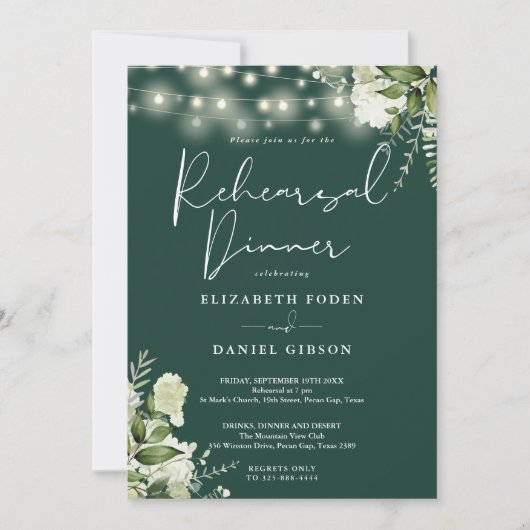 エメラルドグリーナリーストリングライトリハーサルディナー 招待状 (正面)
