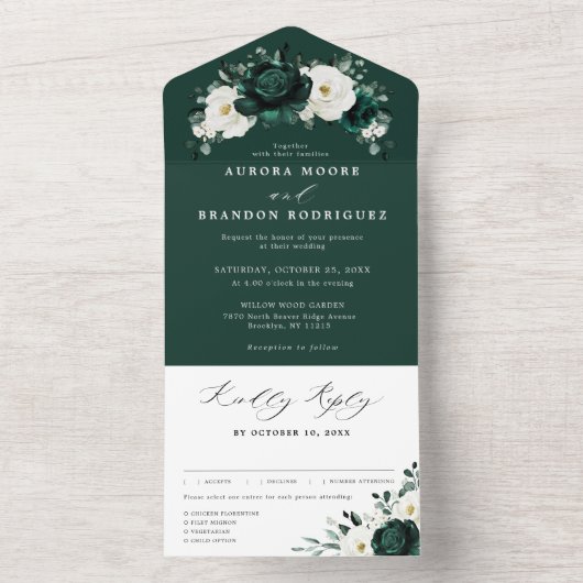 エメラルドグリーナリーユーカリ結婚ホワイトフローラ オールインワン招待状 (内側)