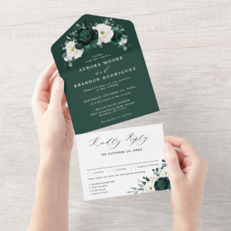 エメラルドグリーナリーユーカリ結婚ホワイトフローラ オールインワン招待状