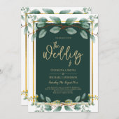 エメラルドグリーナリーユーカリ金ゴールドフローラホワイト 招待状 (正面/裏面)