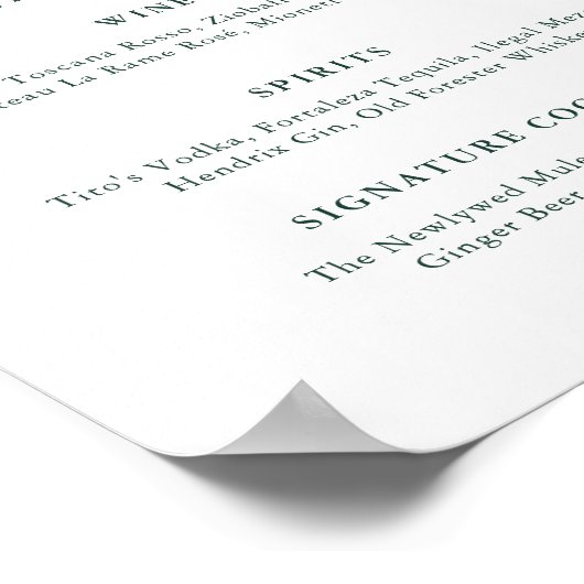 エメラルドグリーナリーヴィンテージウェディングバーメニュー ポスター (角)