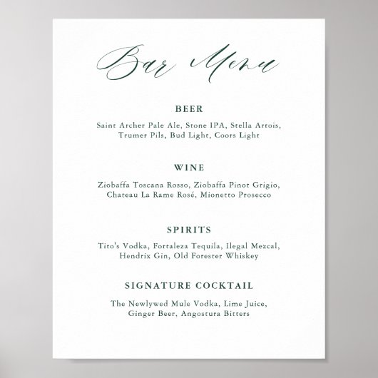 エメラルドグリーナリーヴィンテージウェディングバーメニュー ポスター (正面)