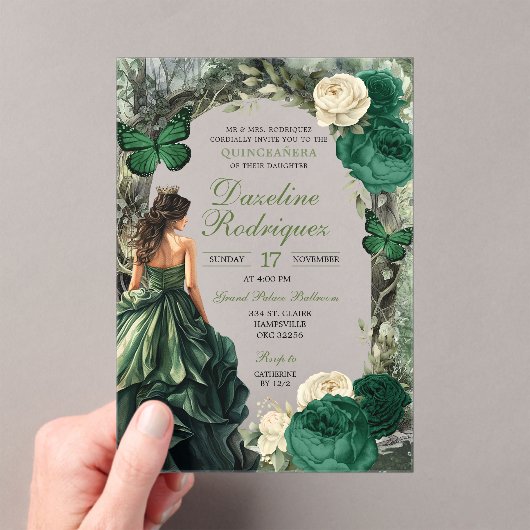 エメラルドグリーンお洒落フォレストキンセアニェラ アクリル招待状 (インサイチュ (ポータブル))