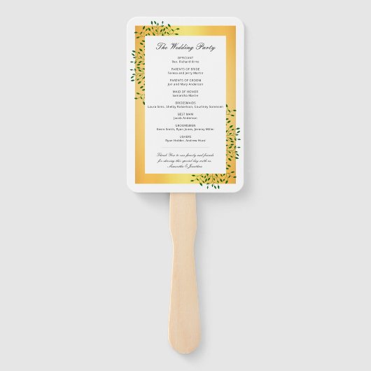 エメラルドグリーンつる植物金ゴールドエレガントウェディングプログラム ハンドファン (裏面)