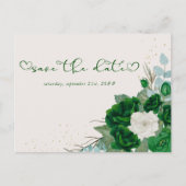 エメラルドグリーンとアイボリーバラフローラ日付の保存 案内ポストカード (正面)