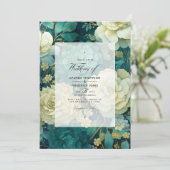 エメラルドグリーンとクリームとゴールドの花の結婚式 招待状 (スタンド正面)
