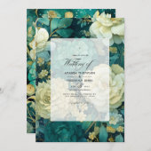 エメラルドグリーンとクリームとゴールドの花の結婚式 招待状 (正面/裏面)