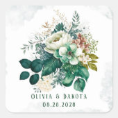 エメラルドグリーンとクリーム花模様結婚ズ スクエアシール (正面)