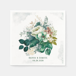 エメラルドグリーンとクリーム花模様結婚ズ スタンダードカクテルナプキン