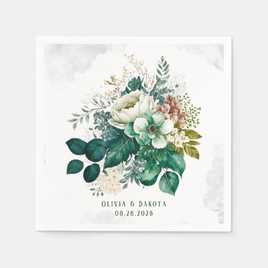 エメラルドグリーンとクリーム花模様結婚ズ スタンダードカクテルナプキン (正面)