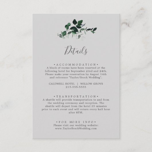 エメラルドグリーンとグレイのウェディング詳細 エンクロージャーカード (正面)