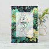 エメラルドグリーンとゴールドとブラックの花の結婚式 招待状 (スタンド正面)